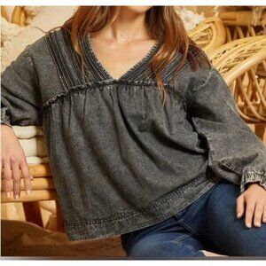 NEW Savanna Jane Western Denim V-Neck Top Women Size Med Long Sleeve Rustic Boho